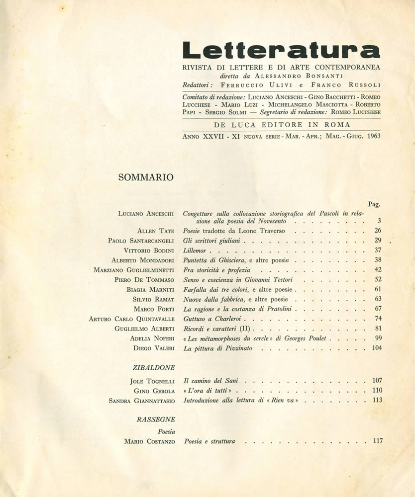 Letteratura, N 62-63 marzo-giugno 1963, sommario